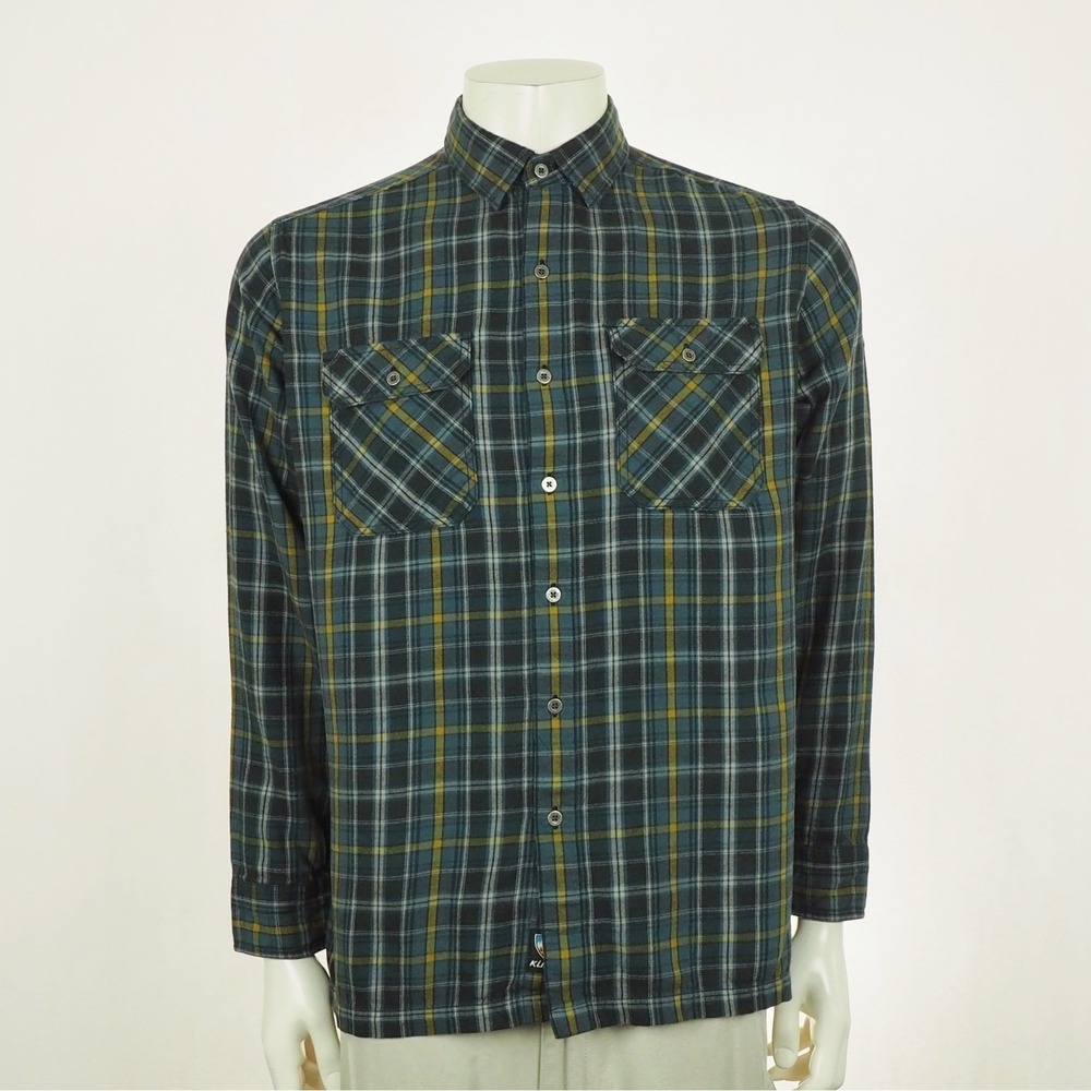Kuhl Dillingr Flannel Button Down Shirt Mens Medium Blue Plaid Cotton Blend Camp